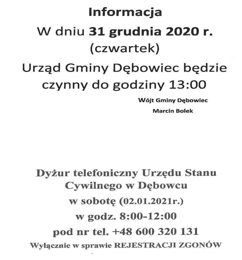 dyzur USC i komunikat o skróceniu czasu pracy