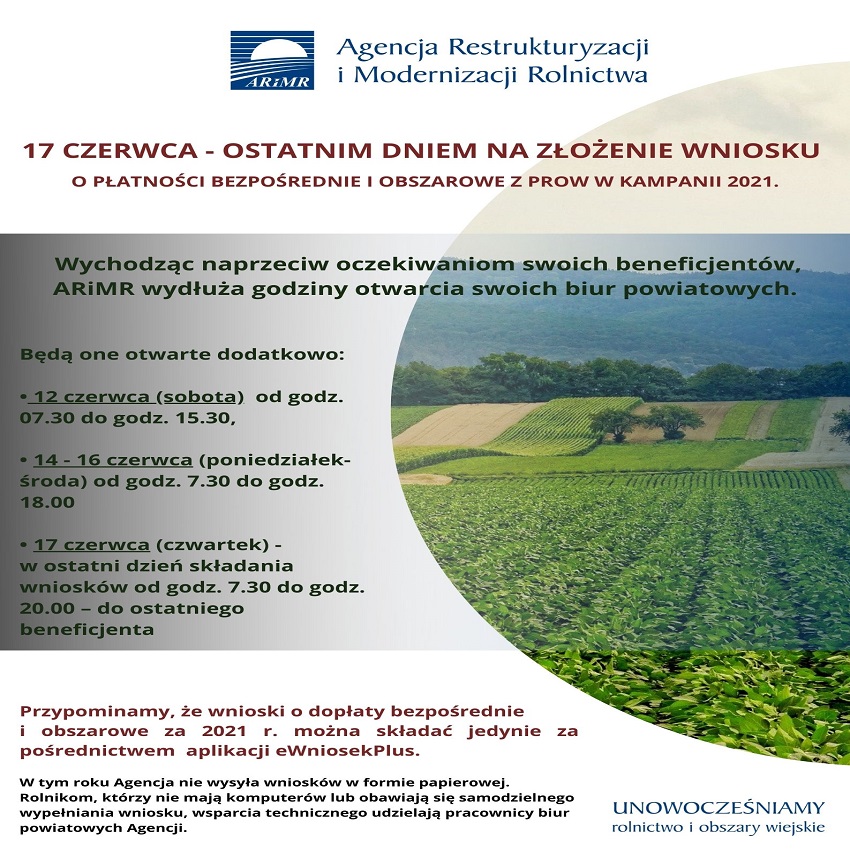 Plakat informujący o wydłużeniu godzin pracy ARIMR