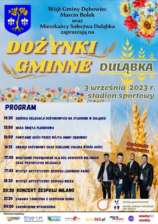plakat zaproszenie na dożynki gminne do Duląbki 3 września 2023 r