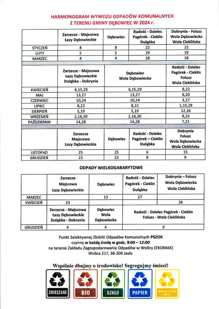 harmonogram wywozu śmieci na 2024 rok